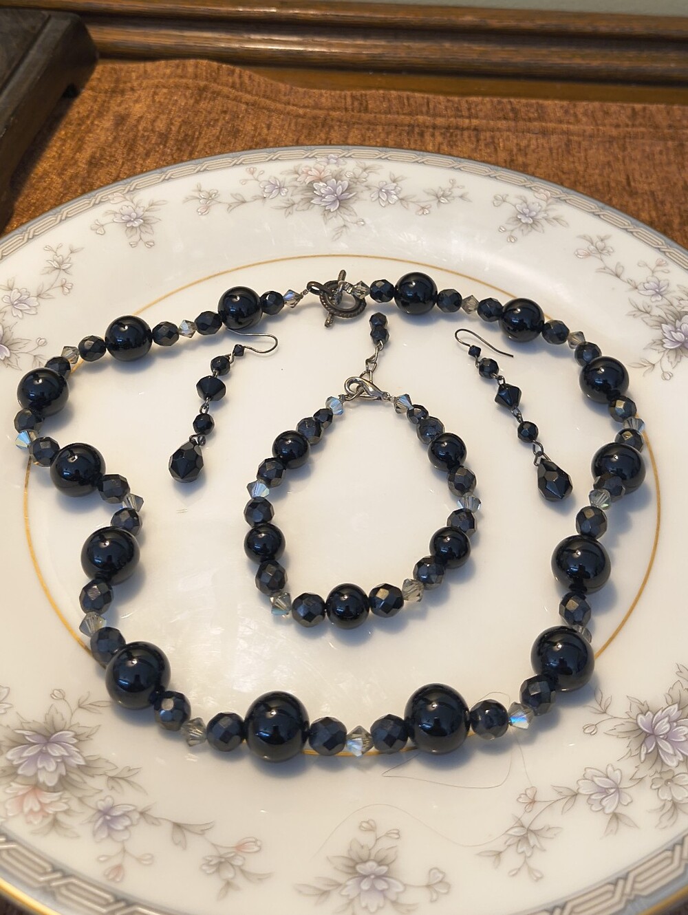 Vtg Y2K Gothic Artisan Black Jet Glass AB Crystal Necklace Earrings Bracelet Set